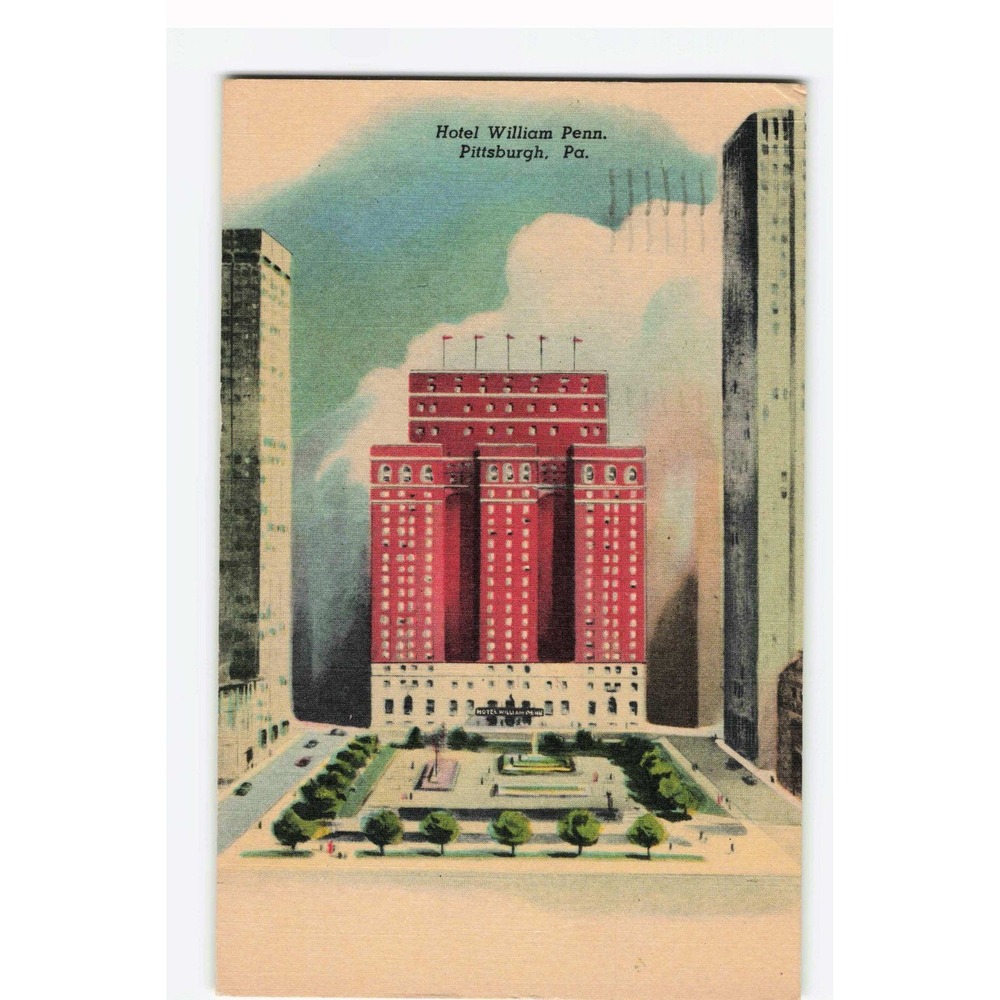 Vintage 1955 Hotel William Penn Pittsburgh PA Linen Postcard Mellon Square VG